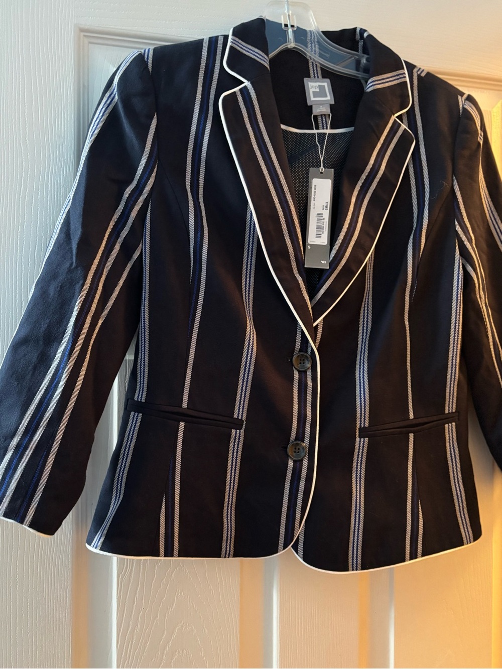 JCP Women's Navy Blue Multi Striped Cotton Short Length Blazer Size Small.